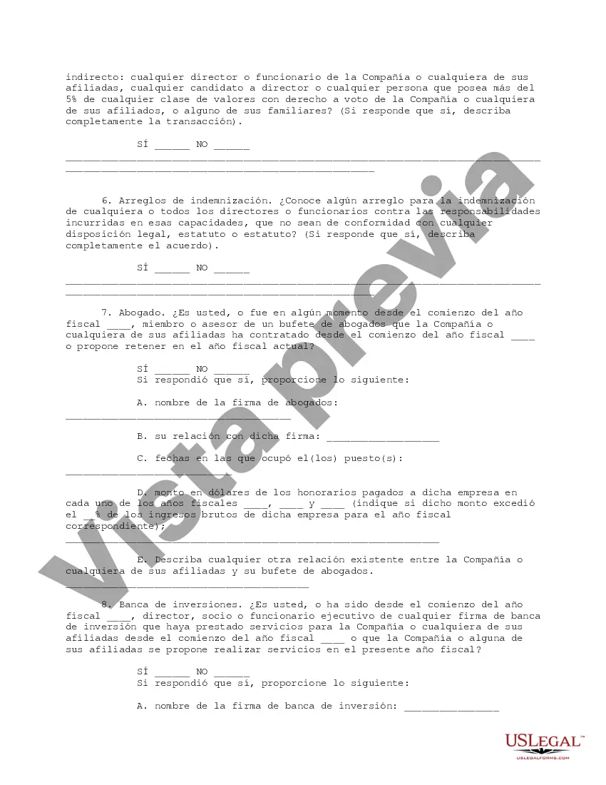 Get Cuestionario completo para accionistas, incluidos funcionarios y directores que tengan al menos el cinco por ciento Preview Cuestionario completo para accionistas, incluidos funcionarios y directores que tengan al menos el cinco por ciento