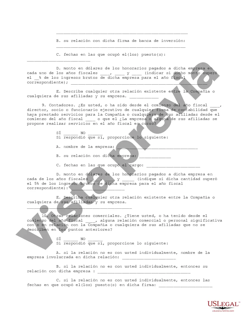 Get Cuestionario completo para accionistas, incluidos funcionarios y directores que tengan al menos el cinco por ciento Preview Cuestionario completo para accionistas, incluidos funcionarios y directores que tengan al menos el cinco por ciento