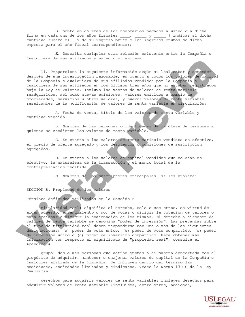 Get Cuestionario completo para accionistas, incluidos funcionarios y directores que tengan al menos el cinco por ciento Preview Cuestionario completo para accionistas, incluidos funcionarios y directores que tengan al menos el cinco por ciento