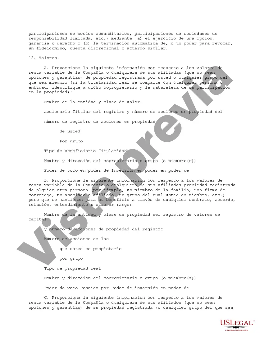 Get Cuestionario completo para accionistas, incluidos funcionarios y directores que tengan al menos el cinco por ciento Preview Cuestionario completo para accionistas, incluidos funcionarios y directores que tengan al menos el cinco por ciento
