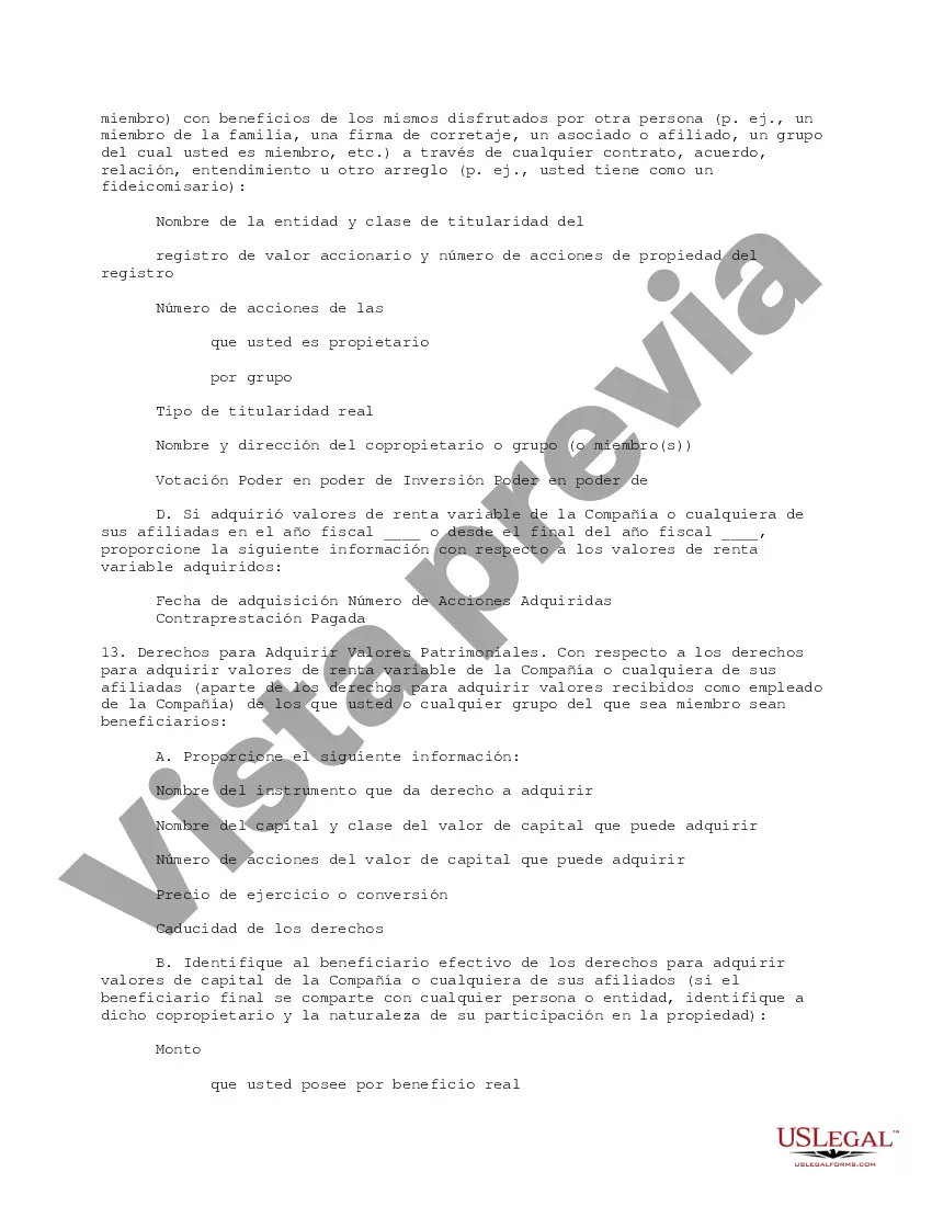 Get Cuestionario completo para accionistas, incluidos funcionarios y directores que tengan al menos el cinco por ciento Preview Cuestionario completo para accionistas, incluidos funcionarios y directores que tengan al menos el cinco por ciento