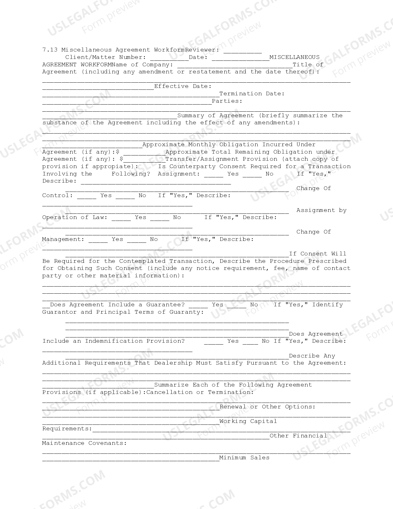 Mississippi Miscellaneous Agreement Workform | US Legal Forms