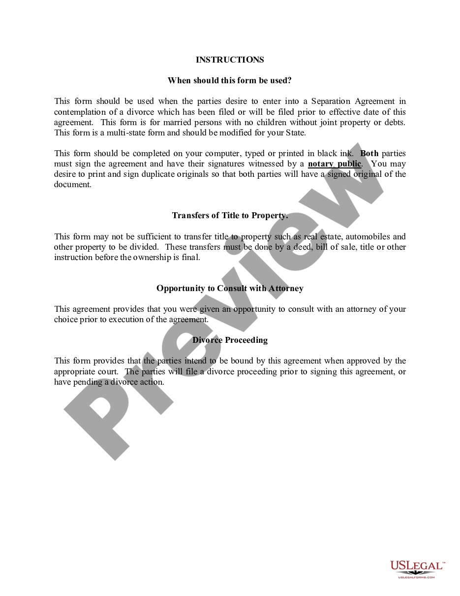 page 0 Marital Domestic Separation and Property Settlement Agreement for persons with No Children, No Joint Property or Debts where Divorce Action Filed preview
