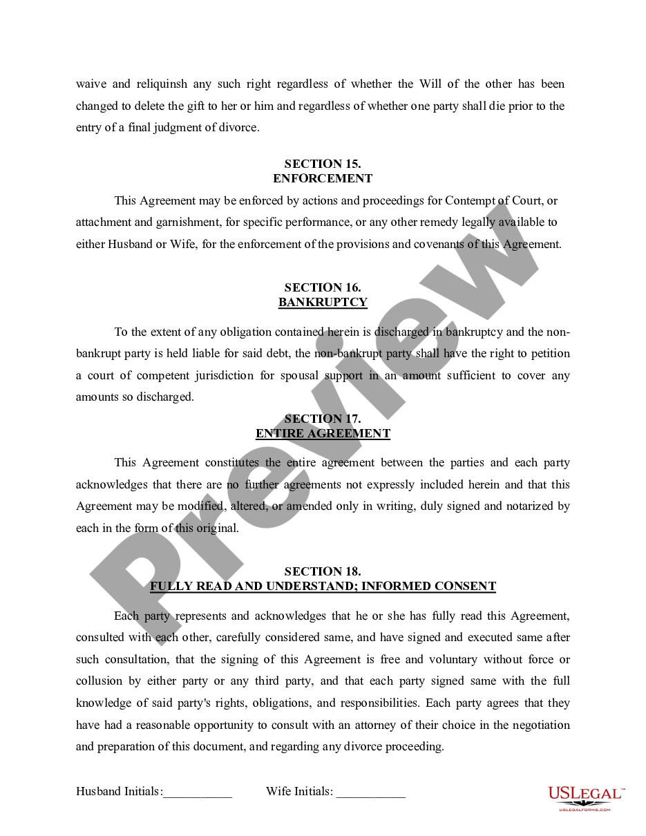 page 9 Marital Domestic Separation and Property Settlement Agreement for persons with No Children, No Joint Property or Debts where Divorce Action Filed preview