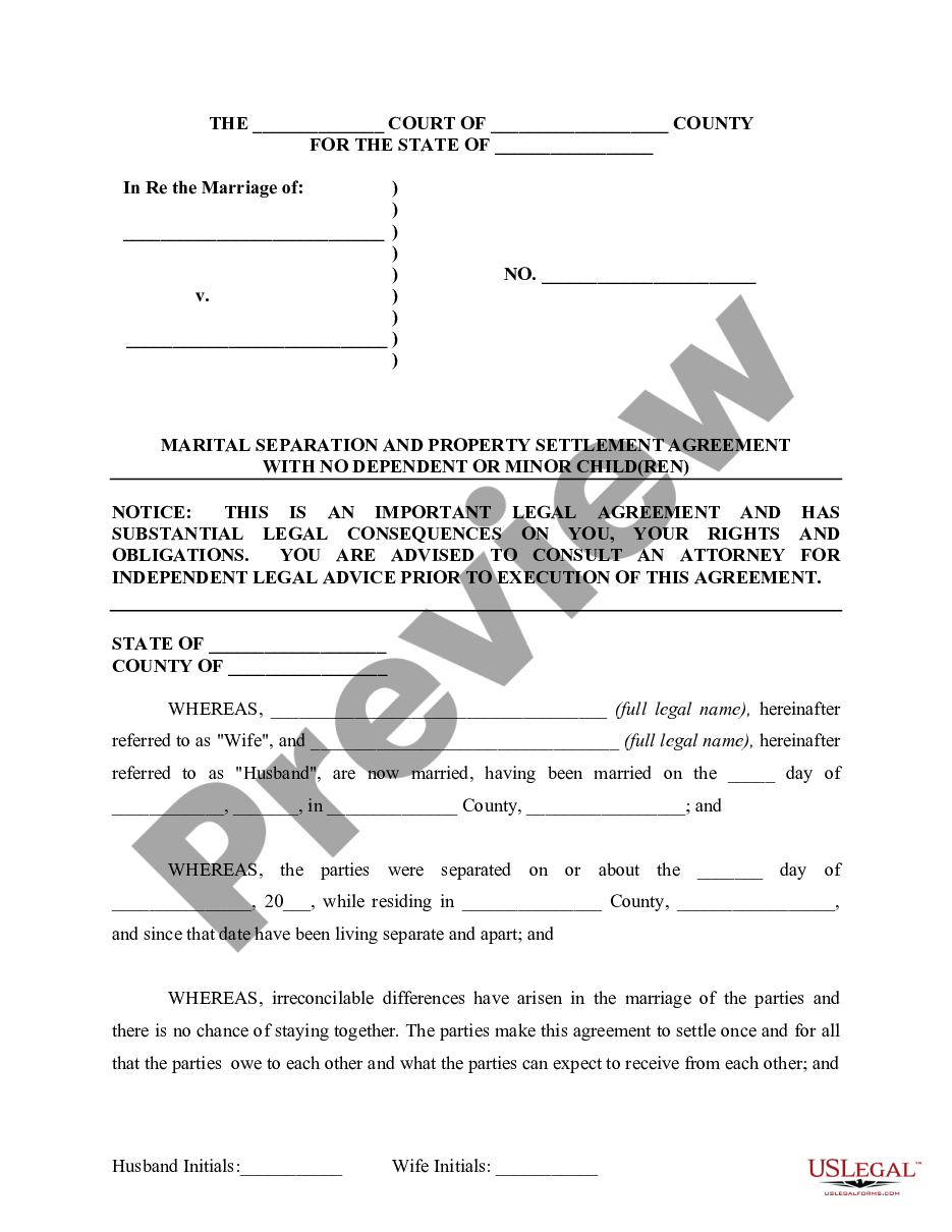 page 1 Marital Domestic Separation and Property Settlement Agreement for persons with No Children, No Joint Property or Debts where Divorce Action Filed preview