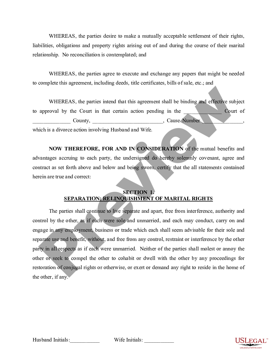 page 2 Marital Domestic Separation and Property Settlement Agreement for persons with No Children, No Joint Property or Debts where Divorce Action Filed preview