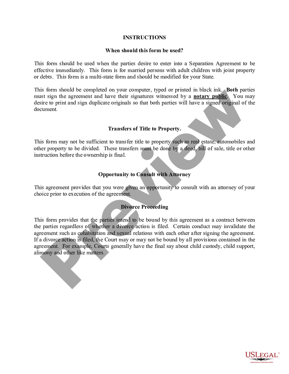 page 0 Marital Domestic Separation and Property Settlement Agreement Adult Children Parties May have Joint Property or Debts effective Immediately preview