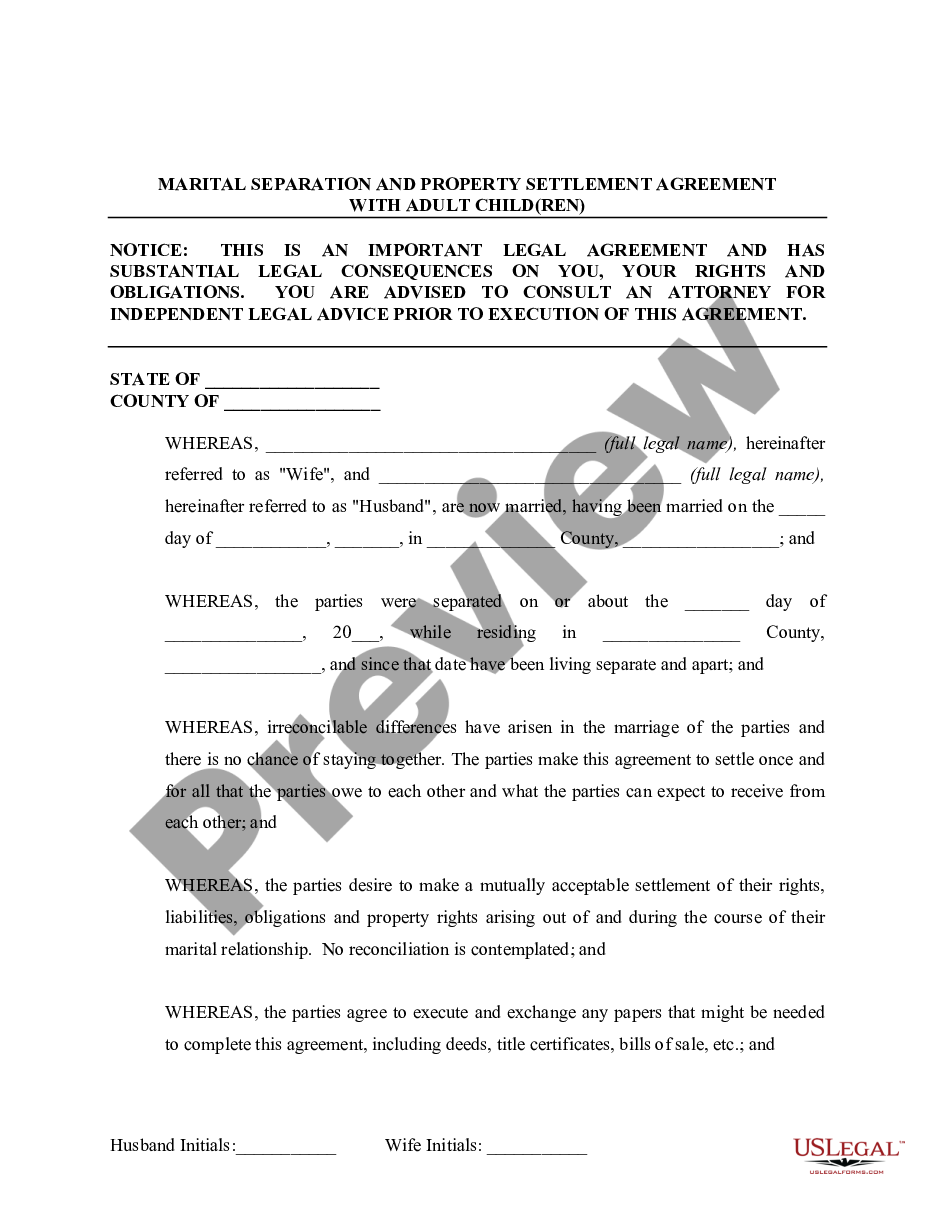 page 1 Marital Domestic Separation and Property Settlement Agreement Adult Children Parties May have Joint Property or Debts effective Immediately preview