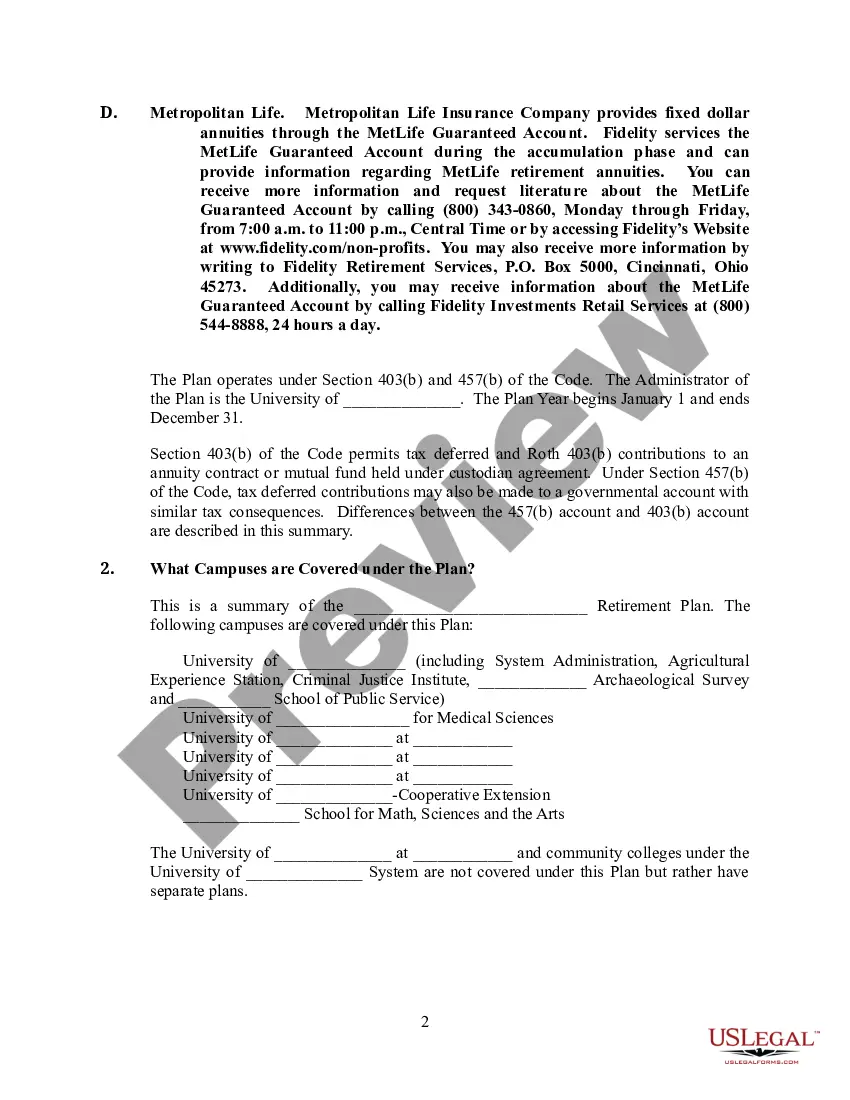 Get Summary Plan Description of University Retirement Plan Preview Summary Plan Description of University Retirement Plan