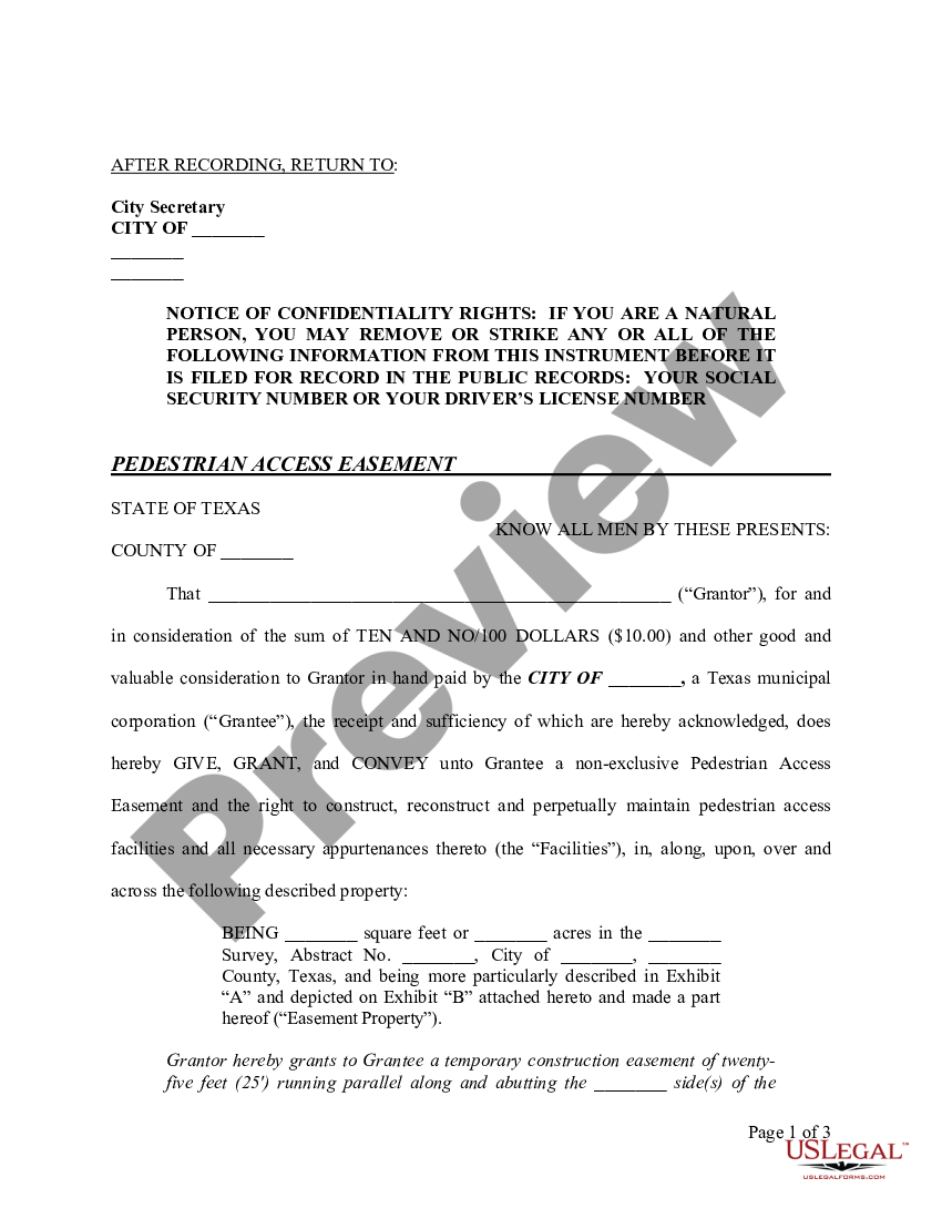 Pedestrian Access Easement - Pedestrian Access Easement | US Legal Forms