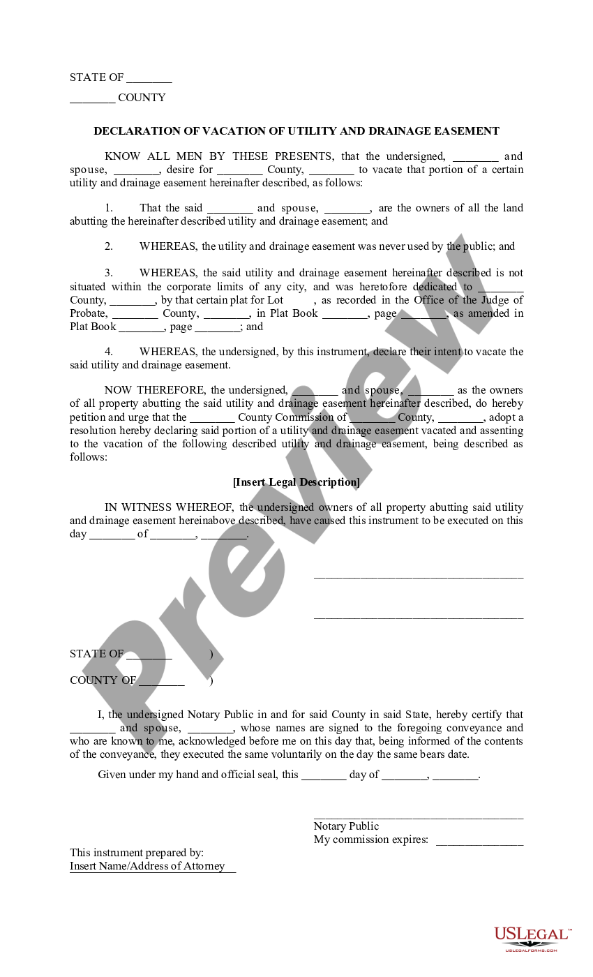 Declaration of Vacation of Utility and Drainagr Easement | US Legal Forms