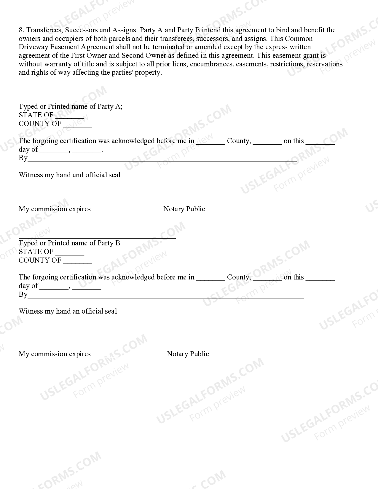 Common Driveway Easement Agreement US Legal Forms