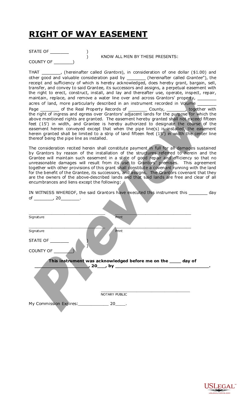 Right Of Way Easement Us Legal Forms