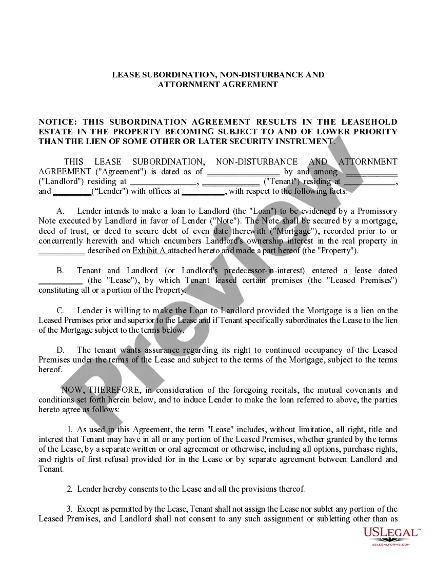 Preview Lease Subordination, Non-Disturbance and Attornment Agreement