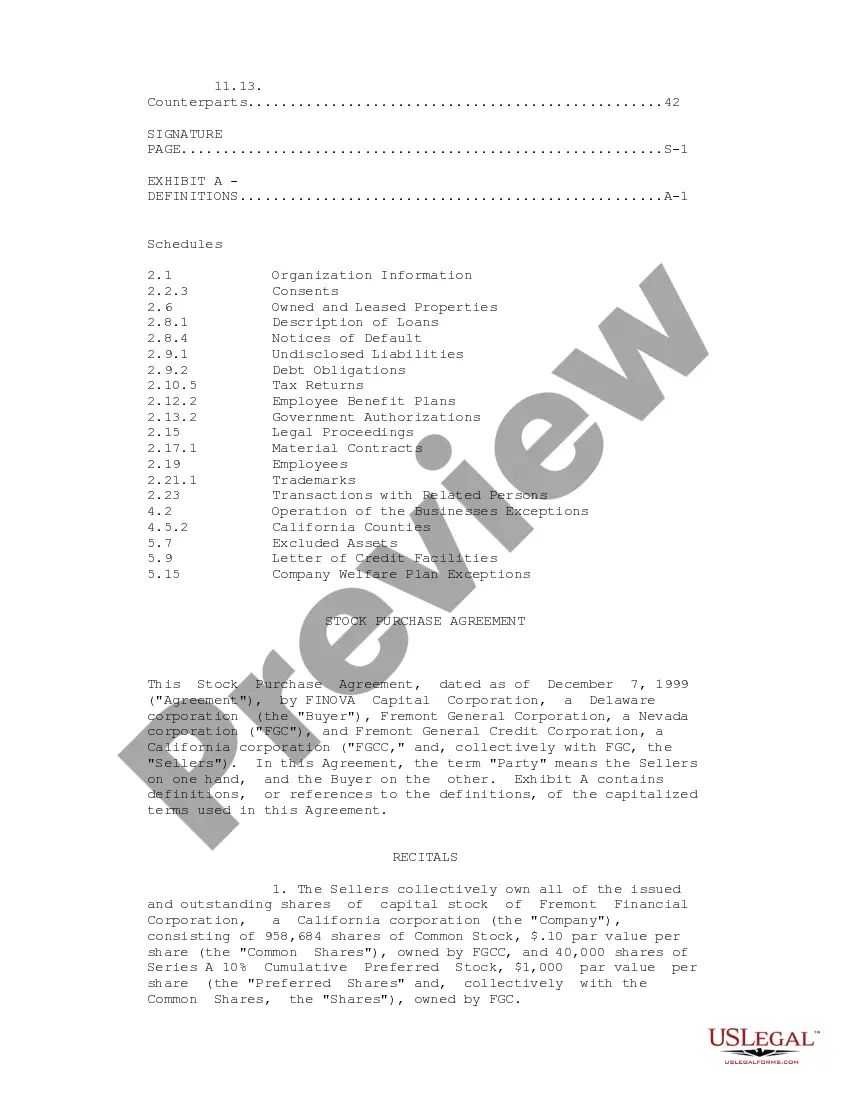 Get Sample Stock Purchase Agreement regarding acquisition by Finova Capital Corp. of all outstanding shares of Fremont Financial Corp. Preview Sample Stock Purchase Agreement regarding acquisition by Finova Capital Corp. of all outstanding shares of Fremont Financial Corp.