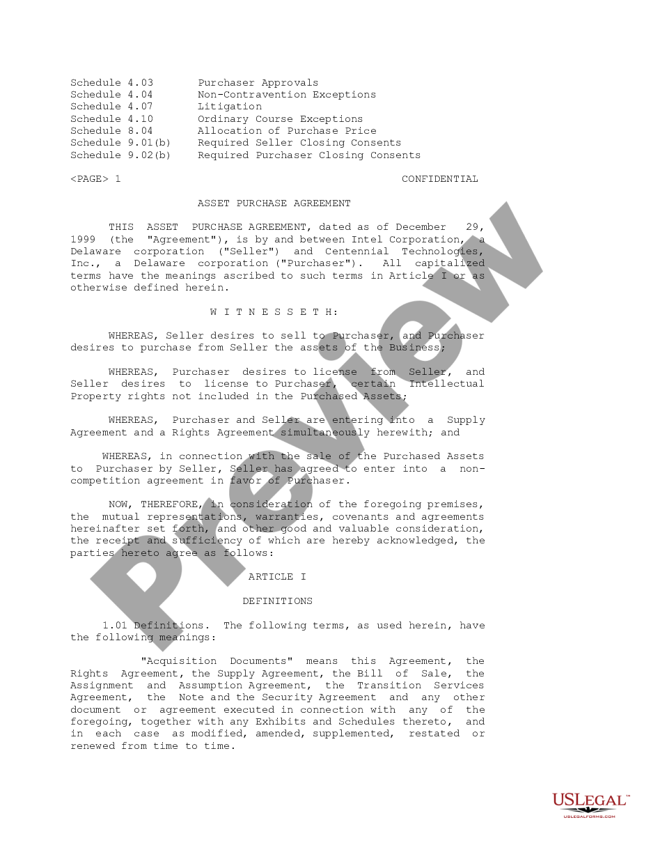 page 3 Sample Asset Purchase Agreement  between Centennial Technologies, Inc. and Intel Corporation - Sample preview
