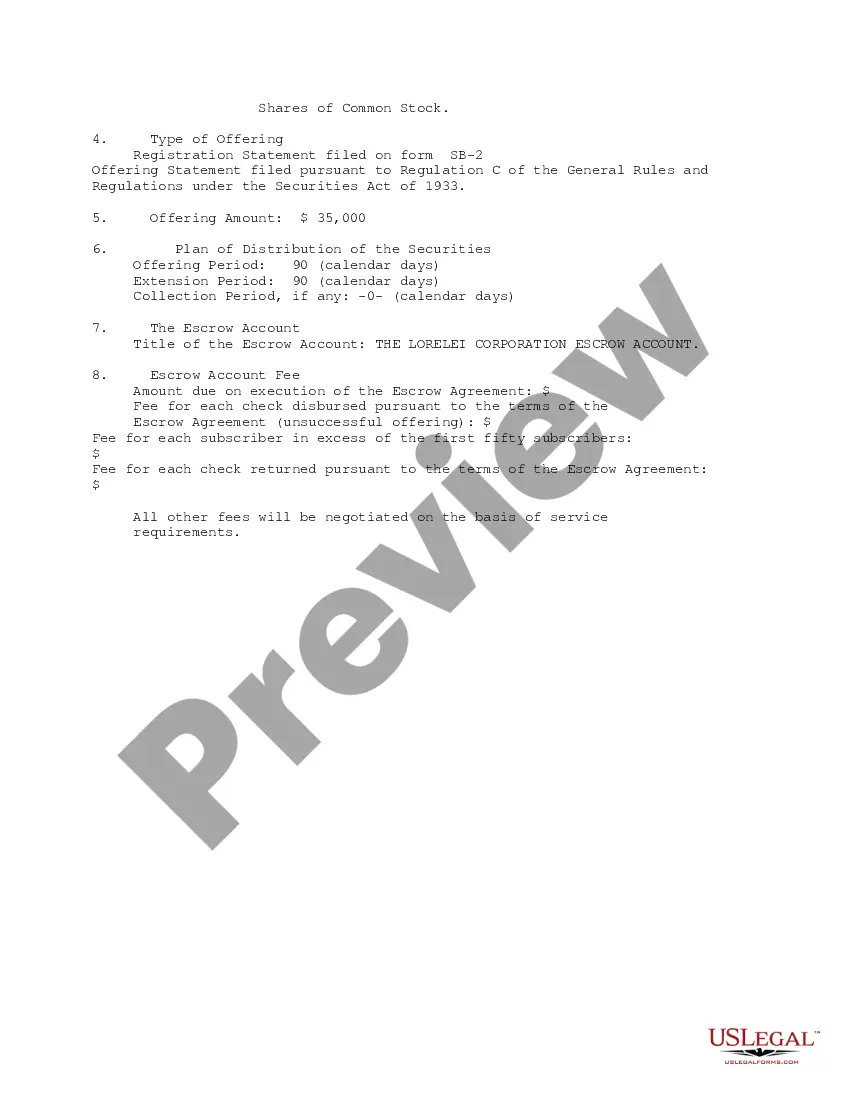 Get Escrow Agreement Public Offering between Lorelei Corporation and Chase Manhattan Bank Preview Escrow Agreement Public Offering between Lorelei Corporation and Chase Manhattan Bank