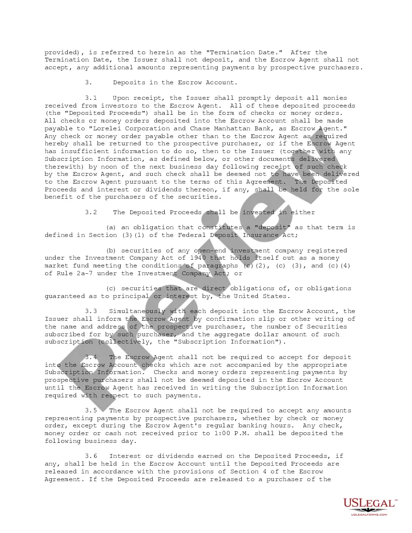 Get Escrow Agreement Public Offering between Lorelei Corporation and Chase Manhattan Bank Preview Escrow Agreement Public Offering between Lorelei Corporation and Chase Manhattan Bank