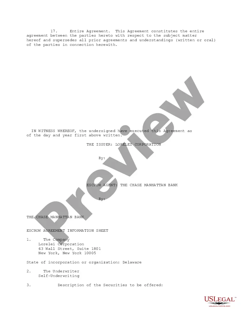 Get Escrow Agreement Public Offering between Lorelei Corporation and Chase Manhattan Bank Preview Escrow Agreement Public Offering between Lorelei Corporation and Chase Manhattan Bank