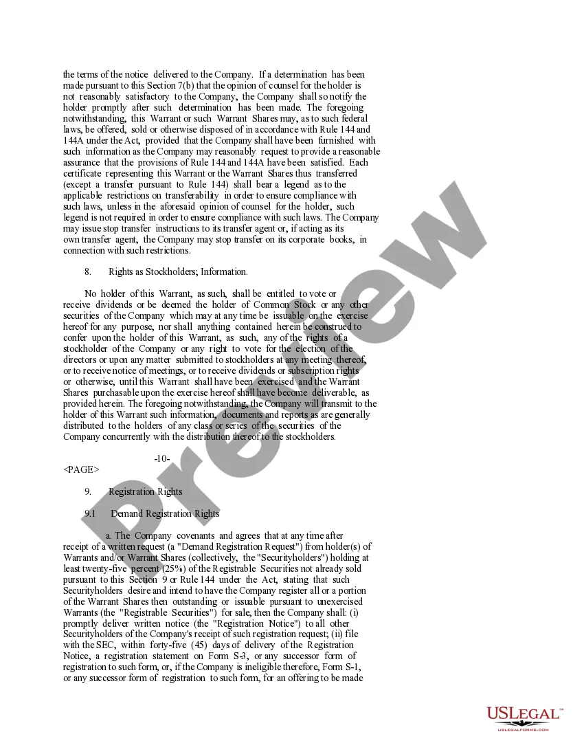 Preview Warrant Agreement of Immunomedics, Inc. to purchase shares of common stock