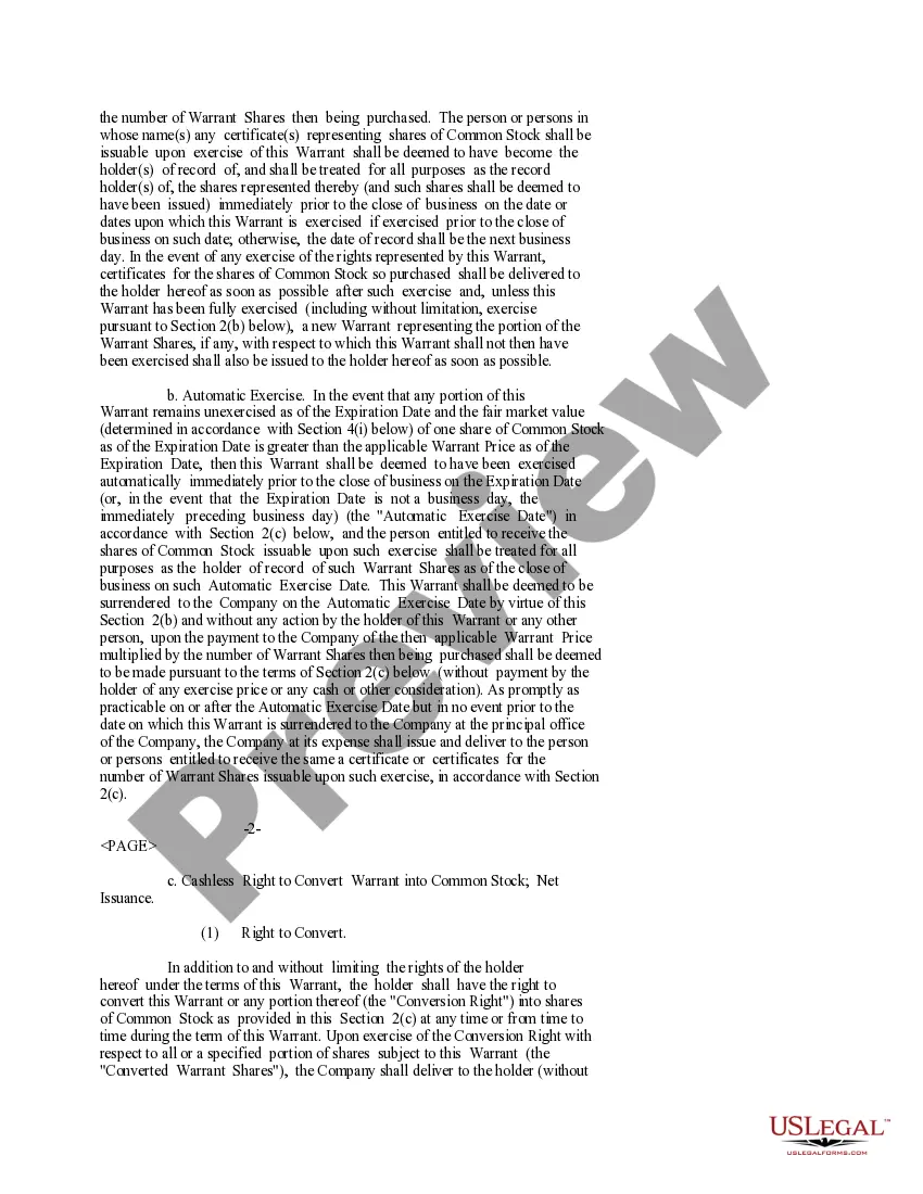 Preview Warrant Agreement of Immunomedics, Inc. to purchase shares of common stock