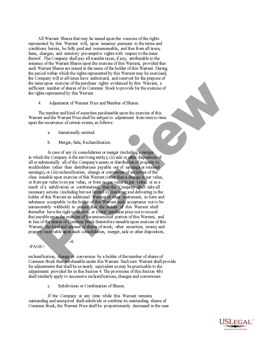 Preview Warrant Agreement of Immunomedics, Inc. to purchase shares of common stock