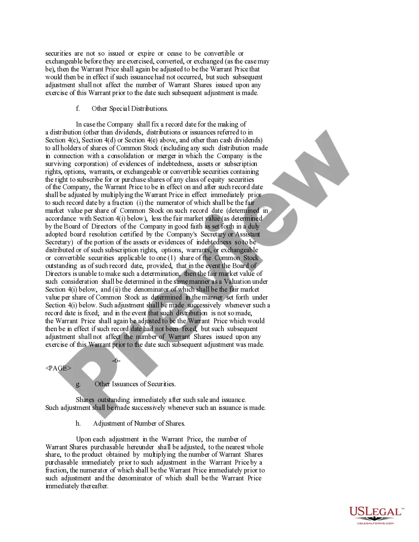 Preview Warrant Agreement of Immunomedics, Inc. to purchase shares of common stock