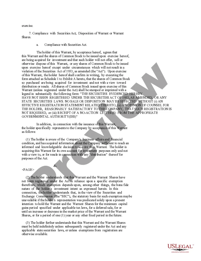 Preview Warrant Agreement of Immunomedics, Inc. to purchase shares of common stock