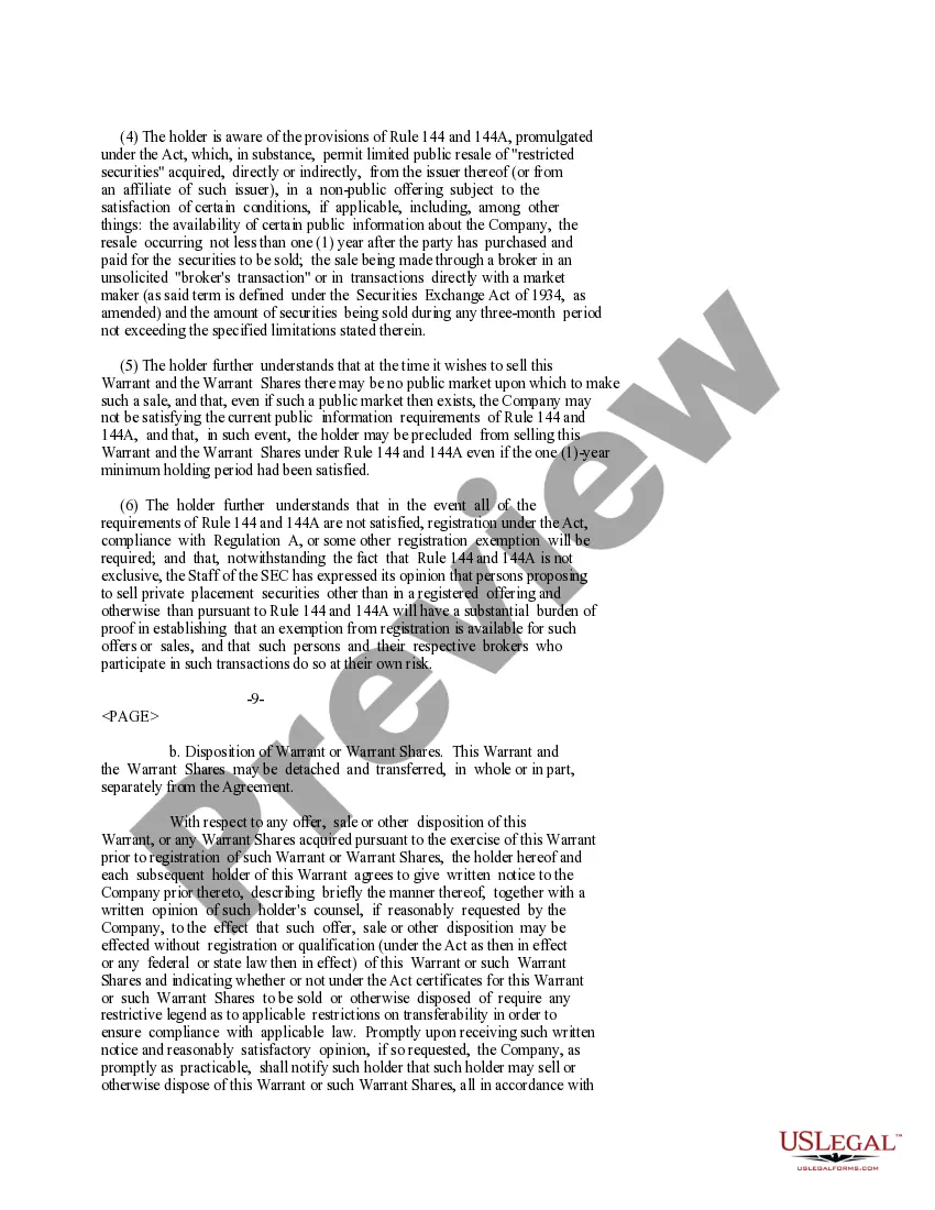 Preview Warrant Agreement of Immunomedics, Inc. to purchase shares of common stock