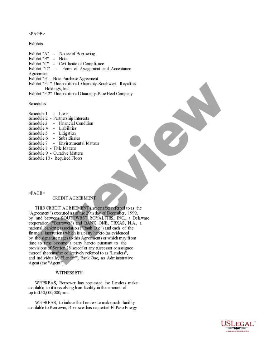 Preview Credit Agreement between Southwest Royalties, Inc. and Bank One Texas