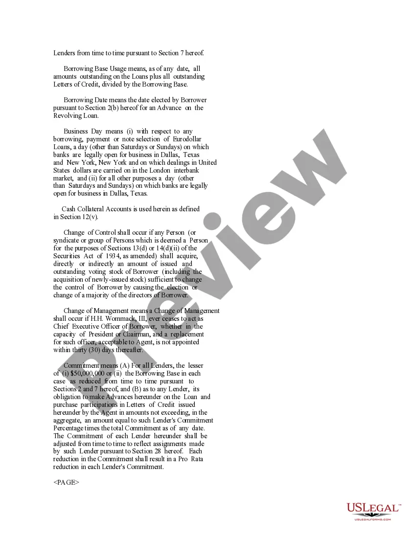 Preview Credit Agreement between Southwest Royalties, Inc. and Bank One Texas