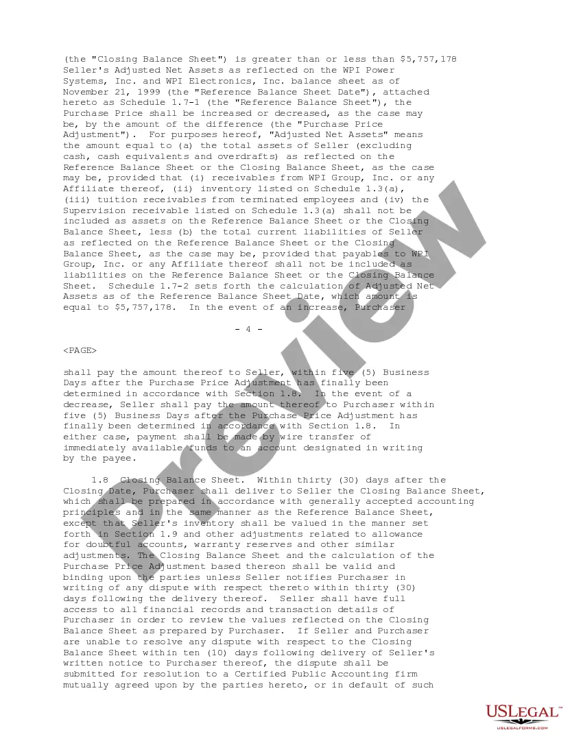 Get Sample Asset Purchase Agreement between Warner Power, LLC, Warner Power Conversion, LLC, WPI Power Systems, Inc., WPI Electronics, Inc. and WPI Group, Inc. Preview Sample Asset Purchase Agreement between Warner Power, LLC, Warner Power Conversion, LLC, WPI Power Systems, Inc., WPI Electronics, Inc. and WPI Group, Inc.