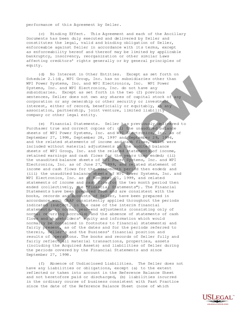 Get Sample Asset Purchase Agreement between Warner Power, LLC, Warner Power Conversion, LLC, WPI Power Systems, Inc., WPI Electronics, Inc. and WPI Group, Inc. Preview Sample Asset Purchase Agreement between Warner Power, LLC, Warner Power Conversion, LLC, WPI Power Systems, Inc., WPI Electronics, Inc. and WPI Group, Inc.