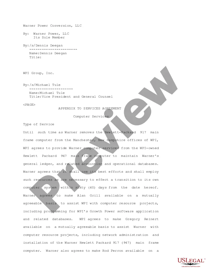 Get Services Agreement between WPI Group, Inc., Warner Power LLC and Warner Power Conversion LLC Preview Services Agreement between WPI Group, Inc., Warner Power LLC and Warner Power Conversion LLC