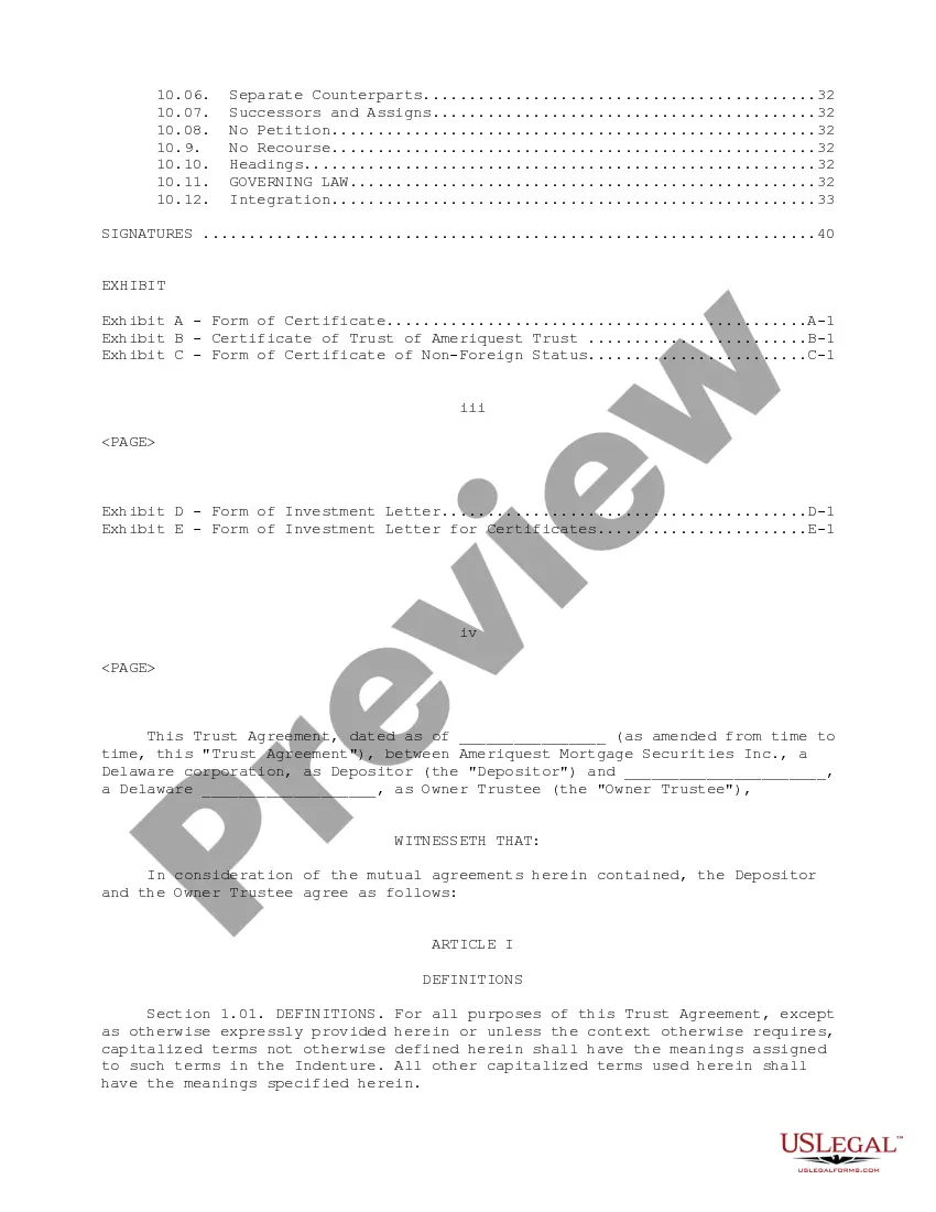 Preview Trust Agreement of Ameriquest Mortgage Securities, Inc.