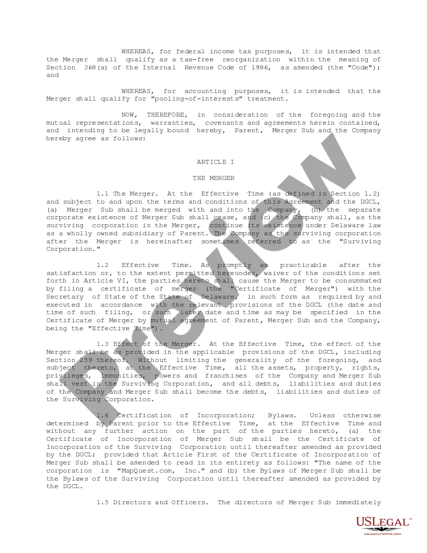 Get Agreement and Plan of Merger between America Online, Inc., MQ Acquisition, Inc. and Mapquest.Com, Inc. Preview Agreement and Plan of Merger between America Online, Inc., MQ Acquisition, Inc. and Mapquest.Com, Inc.