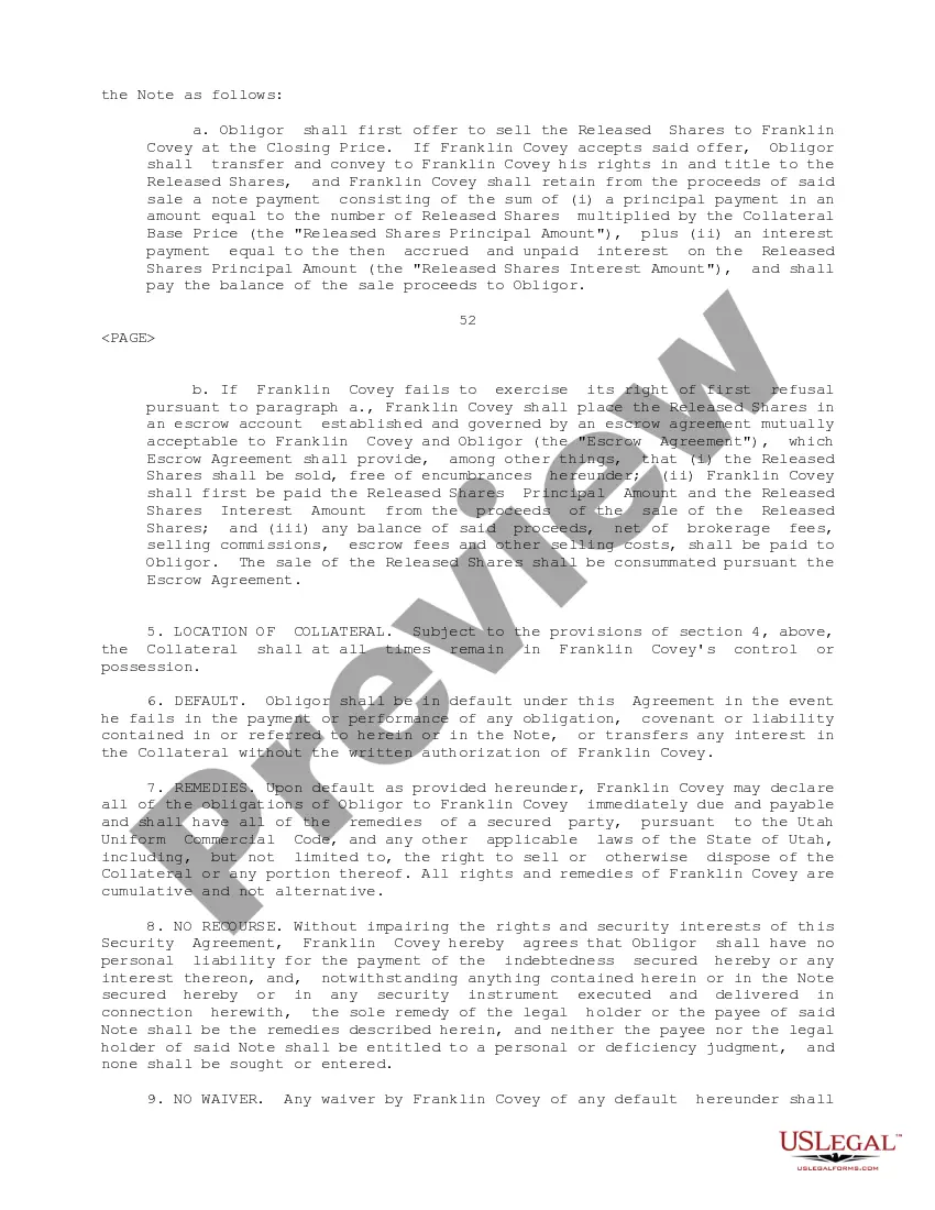 Get Security Agreement between Jon H. Rowberry and Franklin Covey Company Preview Security Agreement between Jon H. Rowberry and Franklin Covey Company