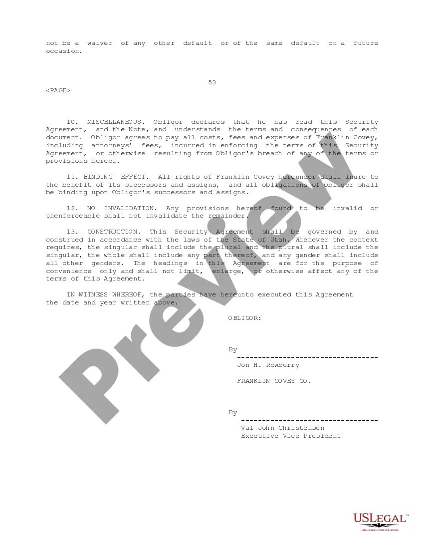 Get Security Agreement between Jon H. Rowberry and Franklin Covey Company Preview Security Agreement between Jon H. Rowberry and Franklin Covey Company