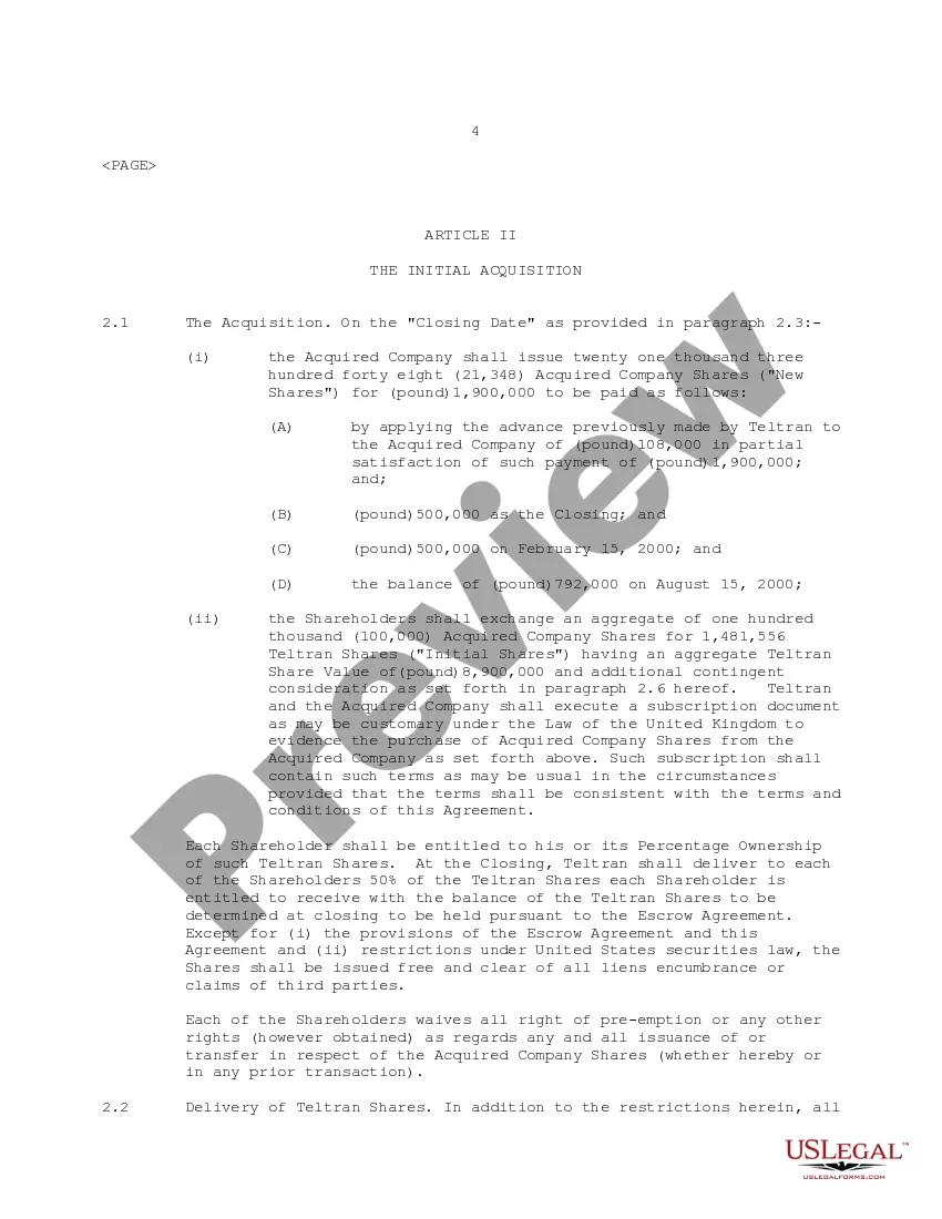 Preview Acquisition Agreement between Teltran International Group, Ltd and Internet Protocols Ltd