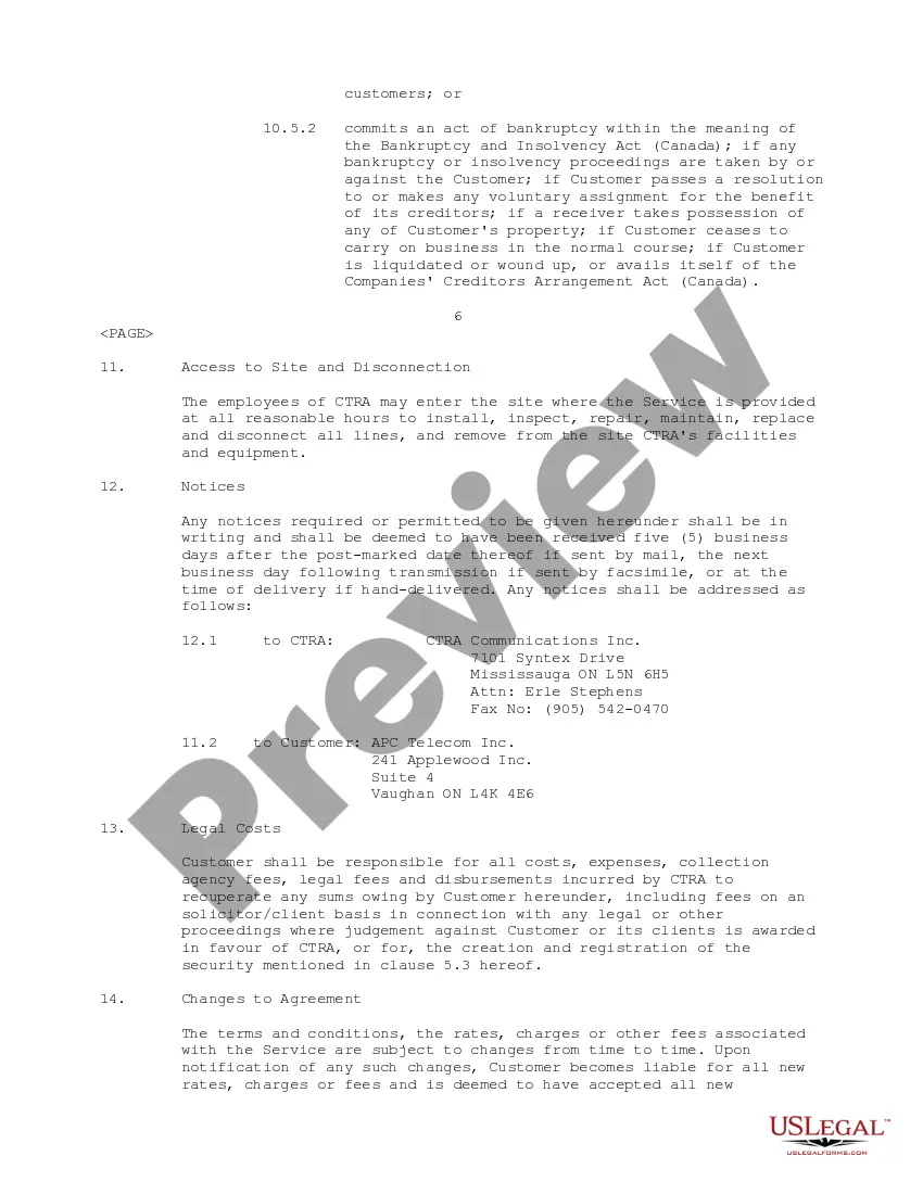 Get Customer Service Agreement between Canadian Telecom Resellers Alliance and APC Telecom, Inc. Preview Customer Service Agreement between Canadian Telecom Resellers Alliance and APC Telecom, Inc.