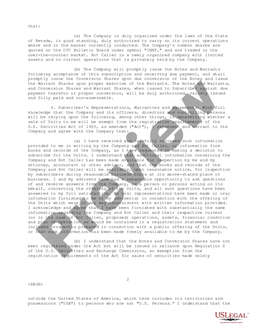 Get Joint Subscription Agreement between Innofone.Com Incorporated and HotCaller.Com, Inc. Preview Joint Subscription Agreement between Innofone.Com Incorporated and HotCaller.Com, Inc.