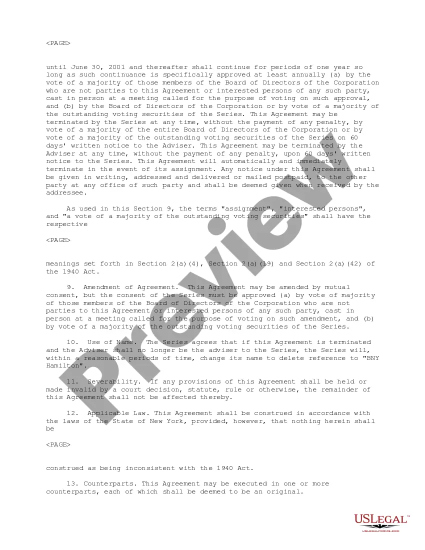 Preview Investment Advisory Agreement between BNY Hamilton Large Growth CRT Fund and The Bank of New York