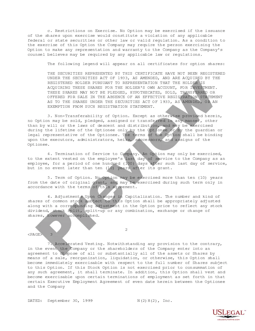 Get Nonqualified Stock Option Agreement of N(2)H(2), Inc. Preview Nonqualified Stock Option Agreement of N(2)H(2), Inc.