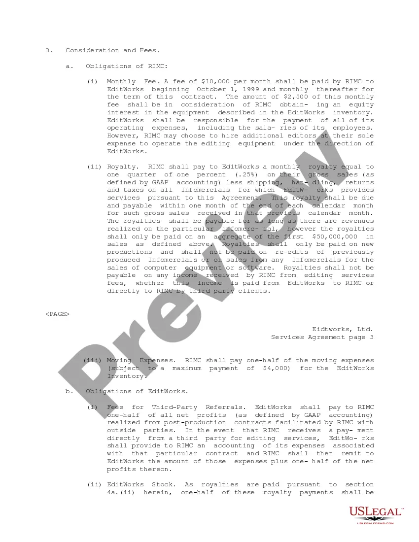 Get Services Agreement between Reliant Interactive Media Corporation and EditWorks, Ltd Preview Services Agreement between Reliant Interactive Media Corporation and EditWorks, Ltd