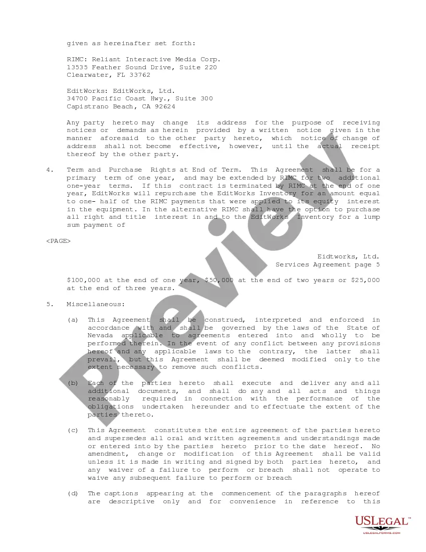 Get Services Agreement between Reliant Interactive Media Corporation and EditWorks, Ltd Preview Services Agreement between Reliant Interactive Media Corporation and EditWorks, Ltd
