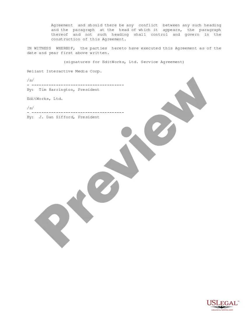Get Services Agreement between Reliant Interactive Media Corporation and EditWorks, Ltd Preview Services Agreement between Reliant Interactive Media Corporation and EditWorks, Ltd