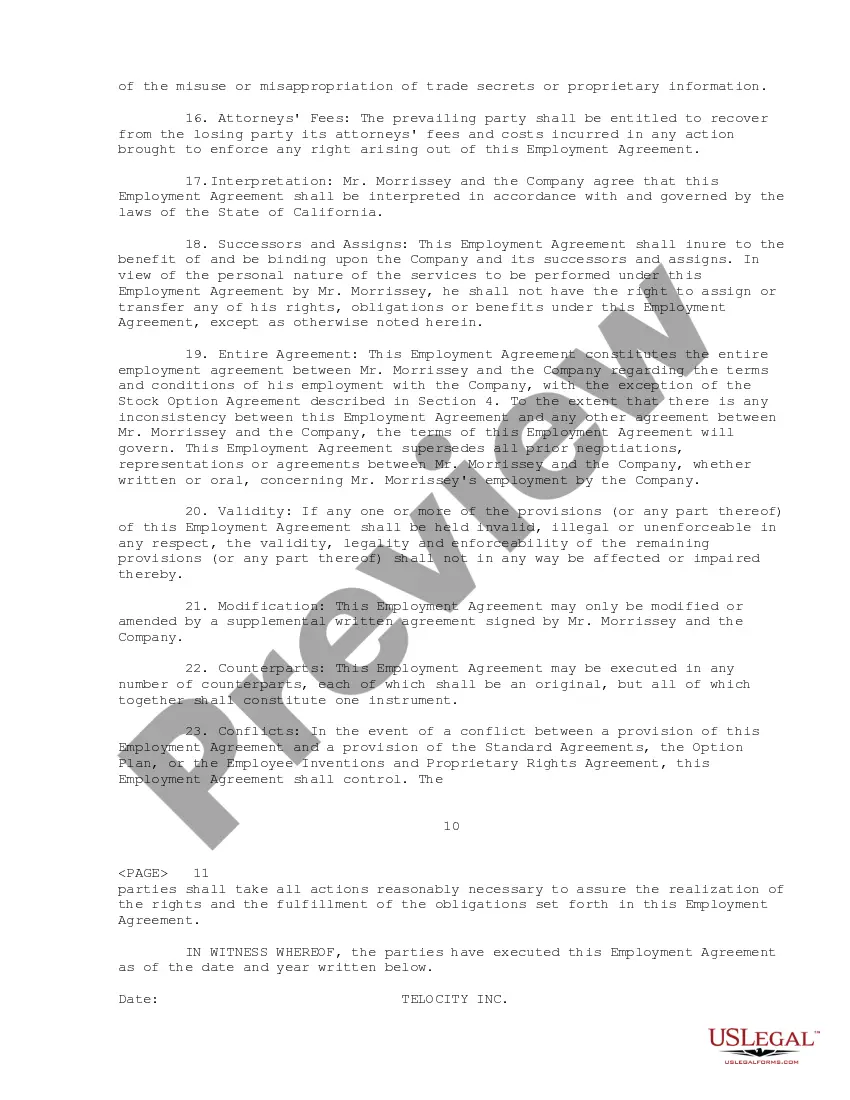Get Sample Employment Agreement between Telocity, Inc. and Executive Vice President and Chief Marketing Officer Preview Sample Employment Agreement between Telocity, Inc. and Executive Vice President and Chief Marketing Officer