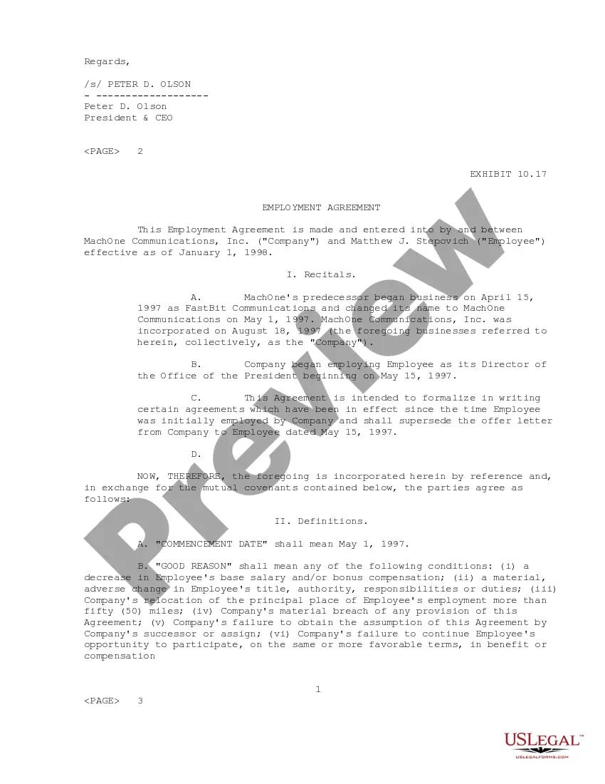 Preview Sample Employment Agreement MachOne Communications and Director Offices of the President