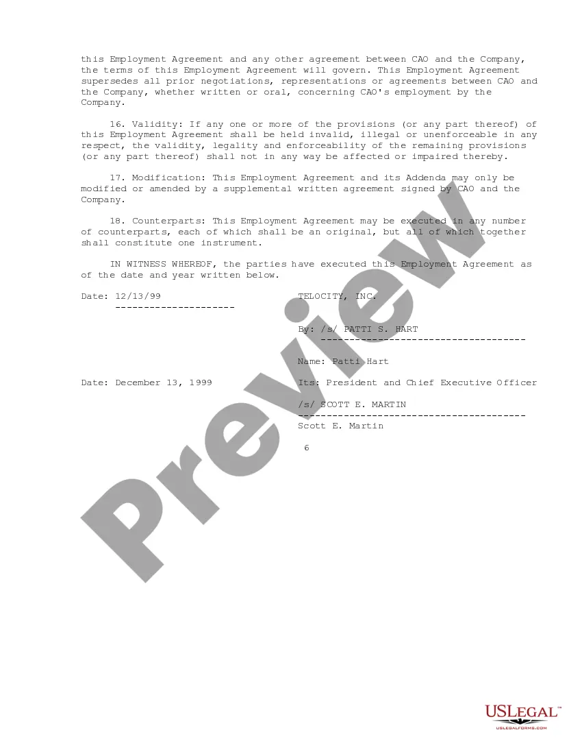 Preview Sample Employment Agreement between Telocity, Inc. and Executive Vice President Chief Administrative Officer and Corporate Secretary