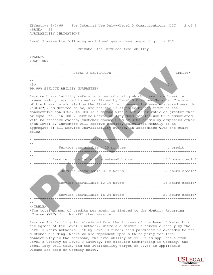 Get Service Level Agreement between Level 3 Private Line Services and customer Preview Service Level Agreement between Level 3 Private Line Services and customer